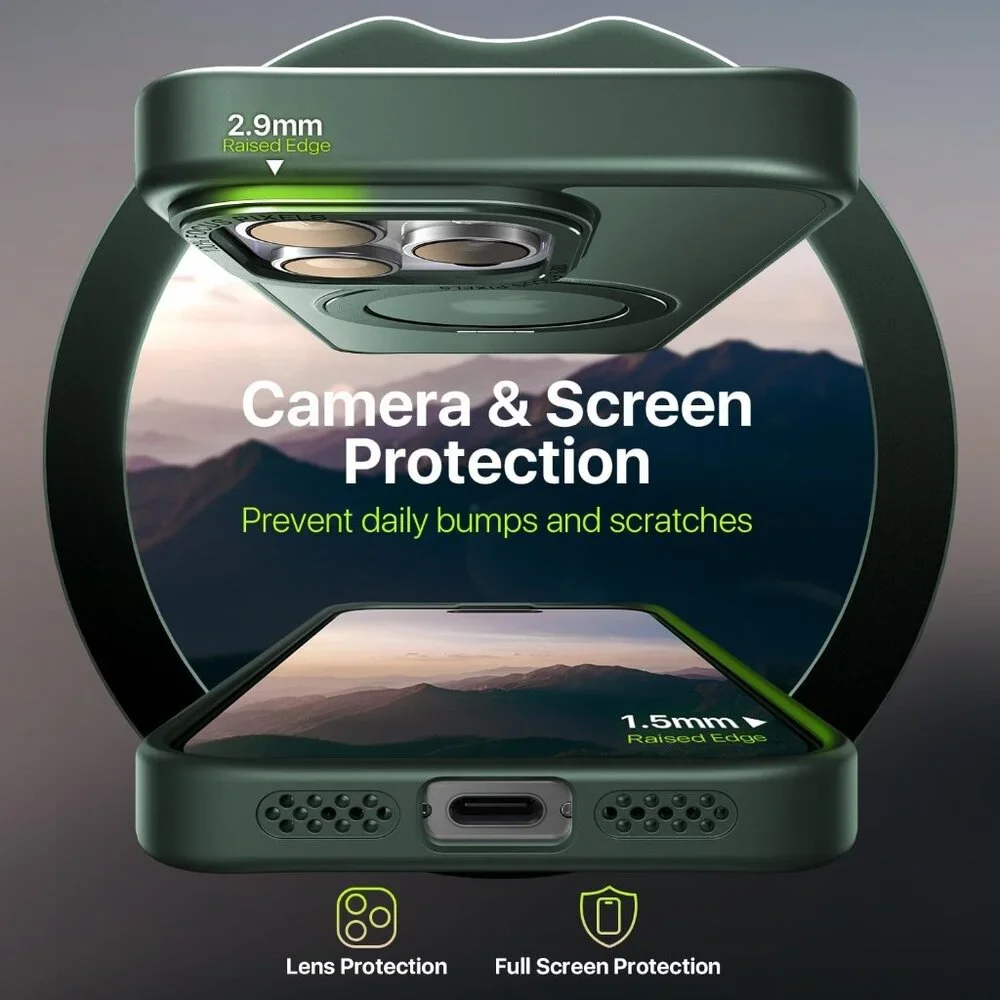 QTlier Green case iPhone 15 promax, 360 Rotatable Ring Stand, Raised Camera Fram